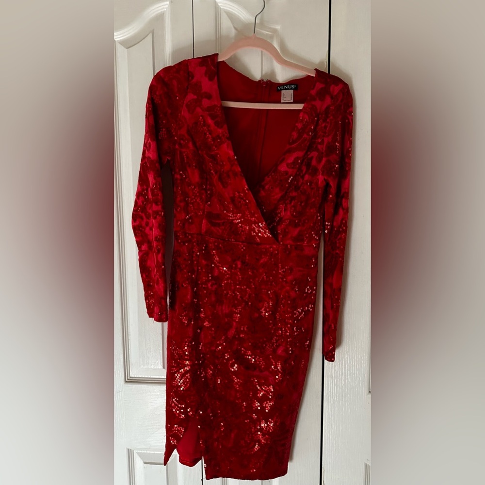VENUS Red Long Sleeve Sequin Wrap Dress